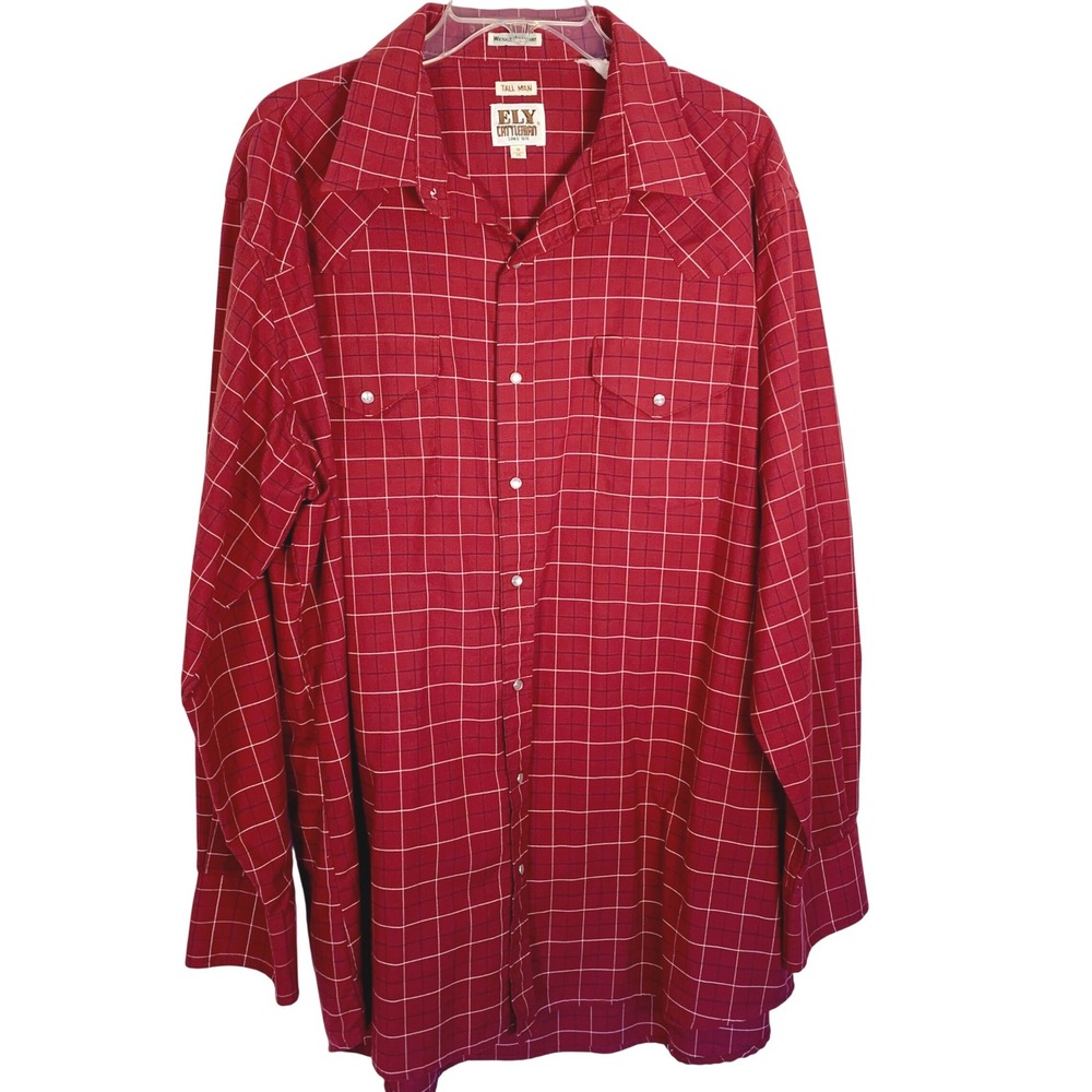Ely‎ Cattleman Mens XL Tall Red Grid Pearl Snap Western Shirt Long Sleeve 18 36